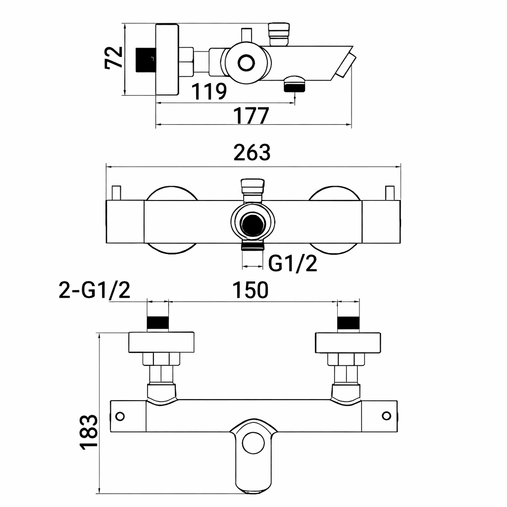 Mitigeur bain thermostatique mural noir mat avec sécurité 38 °C, entraxe 150 mm